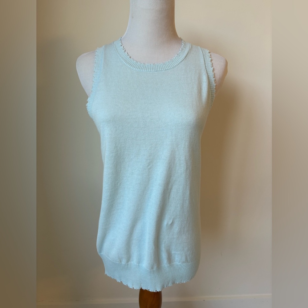 Minnie Rose Cotton Cashmere Tank Top Frayed Light Blue Sleeveless Sz M Knit